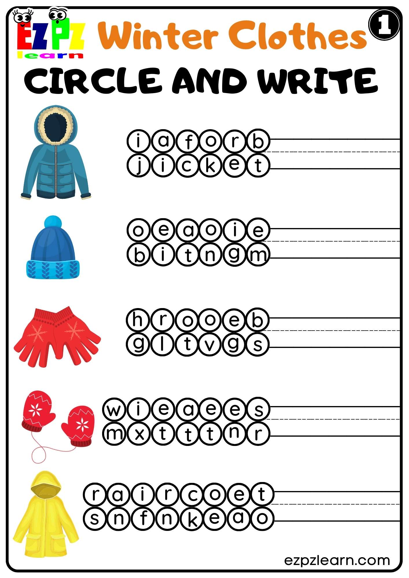 Winter Clothes Circle and Write Worksheet for k5 and ESL PDF Download set1